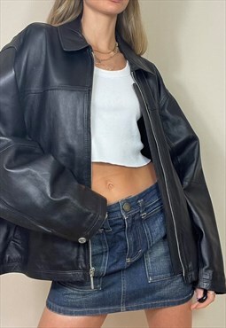 Vintage Y2K Leather Jacket Biker Grunge Oversized Black