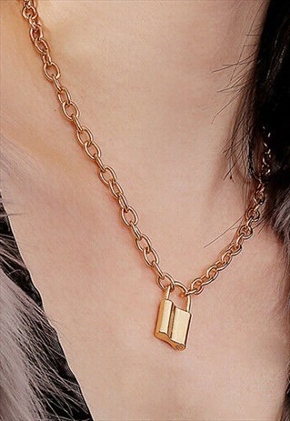 PADLOCK PENDANT OVAL LINK NECKLACE CHAIN - GOLD