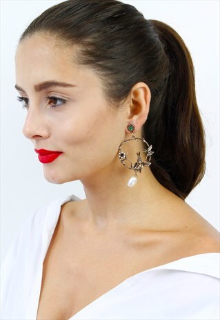 SILVER BIRD FLOWER HOOP DROP DANGLE EARRINGS