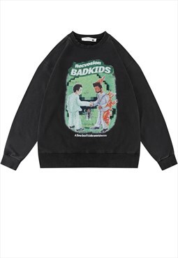 Rapper print sweatshirt hip-hop jumper skater top in black