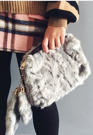 GREY FAUX FUR CLUTCH