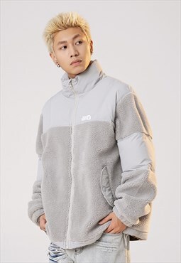 Contrast fleece bomber fluffy sports jacket winter coat grey