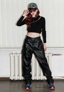 90's Vintage biker babe high waist leather trousers in black