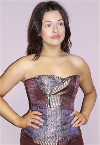 90S VINTAGE BROWN PAISLEY SATIN SEXY CORSET BUSTIER TOP