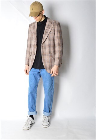 VINTAGE 70S BEIGE PASTEL CHECK WOOL BLEND BLAZER