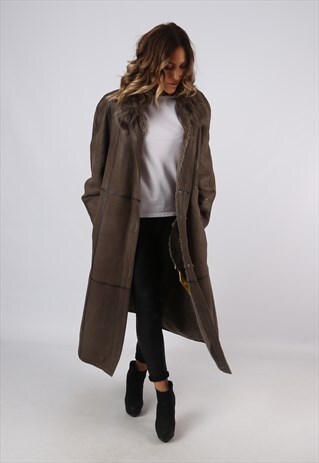 SHEEPSKIN SUEDE LEATHER SHEARLING LONG COAT UK 16 (A9BK)