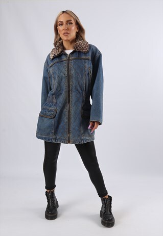 VINTAGE DENIM PARKA JACKET OVERSIZED LONGLINE UK 12 M (KUAF)