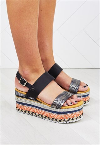 ROMY BLACK AZTEC WEDGE SANDALS