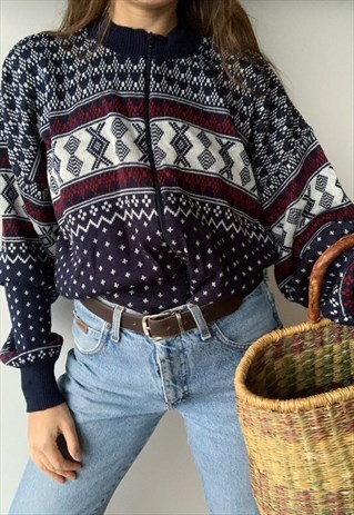 VINTAGE 80S CHRISTMAS FAIR ISLE KNIT FULL ZIP CARDIGAN