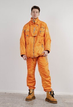 Vintage 90s Orange Acid Wash Ski Suit Two Piece Men L
