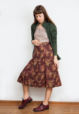 VINTAGE FLOWER PRINT PLEATED BROWN JERSEY SKIRT