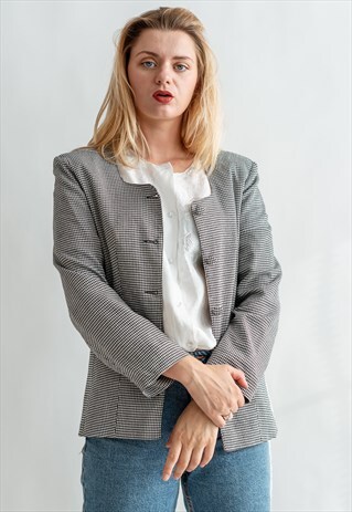 VINTAGE 80S ROUND-NECK BLAZER IN GREY CHECKS