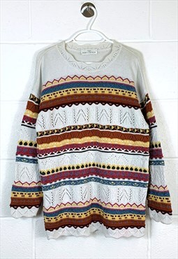 Vintage Knitted Jumper/ Sweater White Abstract Patterned 