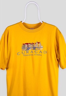 Vintage Yellow Embroidered T-Shirt Curacao Medium