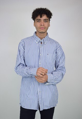 VINTAGE 90'S TOMMY HILFIGER BLUE & WHITE STRIPE YELLOW SHIRT