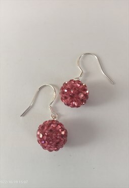 Small pink crystal disco ball drop earrings