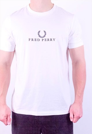 VINTAGE FRED PERRY SPELL OUT EMBROIDERY T-SHIRT WHITE LARGE