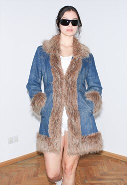 Vintage Y2K denim faux fur coat in blue