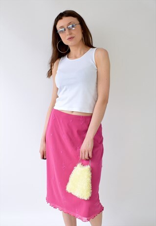 VINTAGE Y2K 00S 90S PINK MIDI SHEER OVERLAY EMBROIDERED MIDI