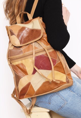 VINTAGE 90S BROWN LEATHER PATCHWORK RUCKSACK BACKPACK