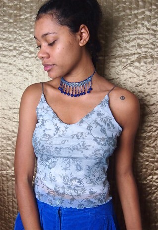 BLUE MESH FLORA CROP TOP