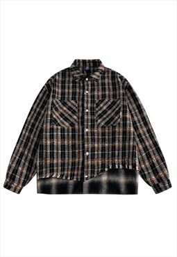 Check woolen jacket retro wash lumberjack bomber in black
