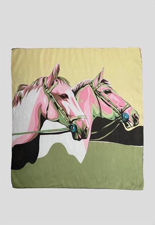 70'S VINTAGE EQUESTRIAN HORSE PRINT YELLOW GREEN SCARF