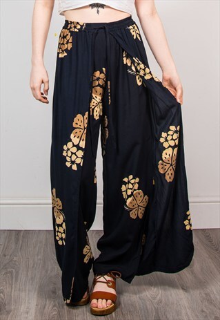 VINTAGE BLACK HAWAIIAN FLOWER PATTERN FESTIVAL TROUSERS