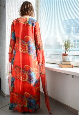 Vintage Bohemian Red Maxi Floral Print Kaftan Style Dress