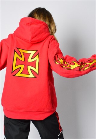 VINTAGE 90S RED EMBROIDERED FLAME BIKERS HOODIE
