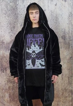 Long fleece coat faux fur hooded bomber long trench in black