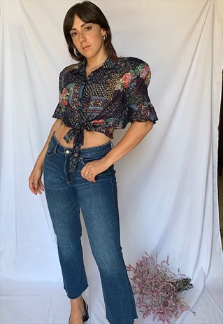 VINTAGE 90S TIE FRONT CROP TOP IN BLUE