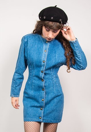 VINTAGE 80'S BLUE DENIM LONG SLEEVE MINI DRESS