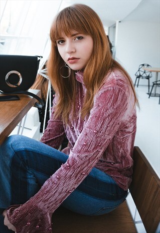 EMBELLISHMENT HIGH NECK VELVET TOP