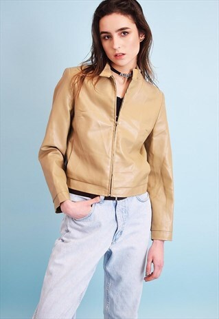 90'S RETRO NEUTRAL FAUX LEATHER SCANDI CROPPED JACKET