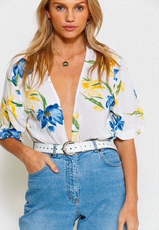 VINTAGE 90'S FLORAL PRINT REWORKED DEEP V BLOUSE