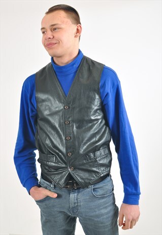 VINTAGE REAL LEATHER VEST IN BLACK