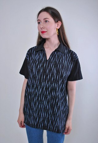 WOMEN VINTAGE BLACK ABSTRACT PRINT STRIPED RETRO POLO SHIRT