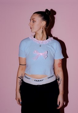 Reworked Y2K baby blue & pink lace bow baby tee