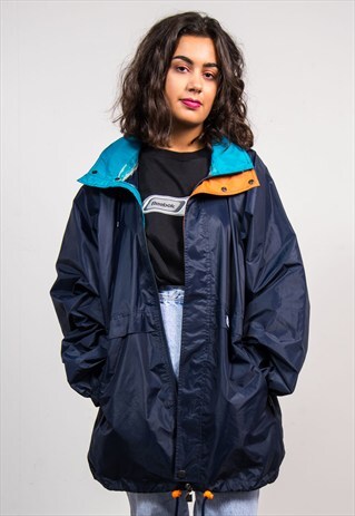 VINTAGE 90'S NAVY BLUE K-WAY HOODED CAGOULE JACKET