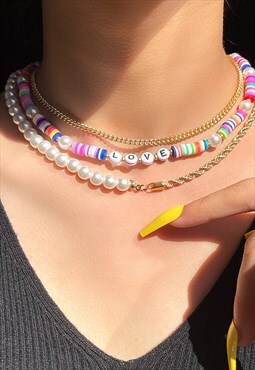 Festival pearl acrylic gold love necklace stack