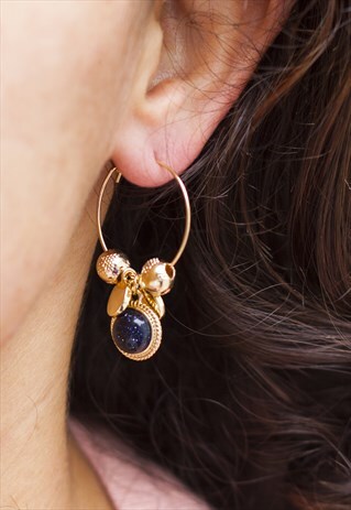 GOLD BEADS & BLACK SHINY STONE HOOP EARRINGS