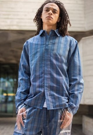 BLUE RETRO STRIPED PREMIUM WOOL FABRIC SHIRT JACKET