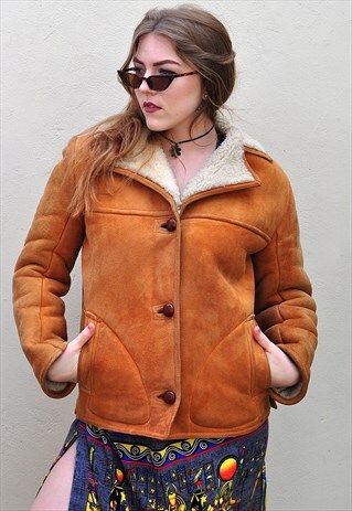 VINTAGE 70S CAMEL BROWN SHEEPSKIN SHEARLING CROPPED JACKET