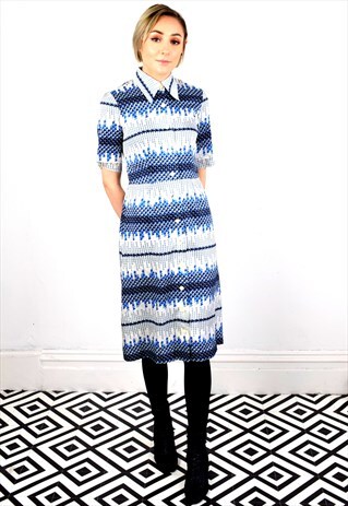 VINTAGE 70'S JAPANESE BLUE & WHITE GEOMETRIC MIDI DRESS