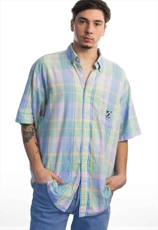 VINTAGE POLO RALPH LAUREN LOGO PASTEL MADRAS SHIRT XL 6.3