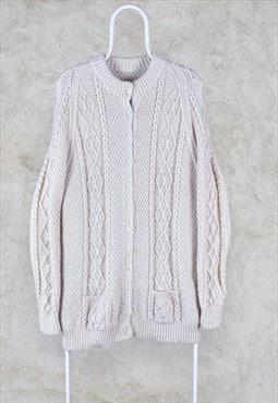 Aran Knit Wool Cable Button Up Jumper Hand Knitted Chunky