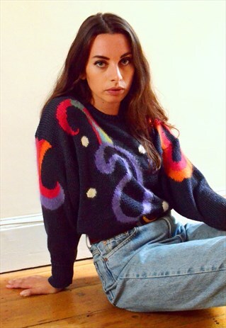 80S VINTAGE NAVY BLUE PATTERNED KNITTED JUMPER