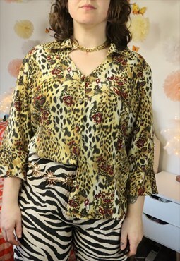 Retro 90s Beige Tan Paisley Leopard Animal Print V Shirt Top