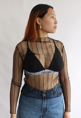 BLACK SHEER MESH RIBBED LONG TOP